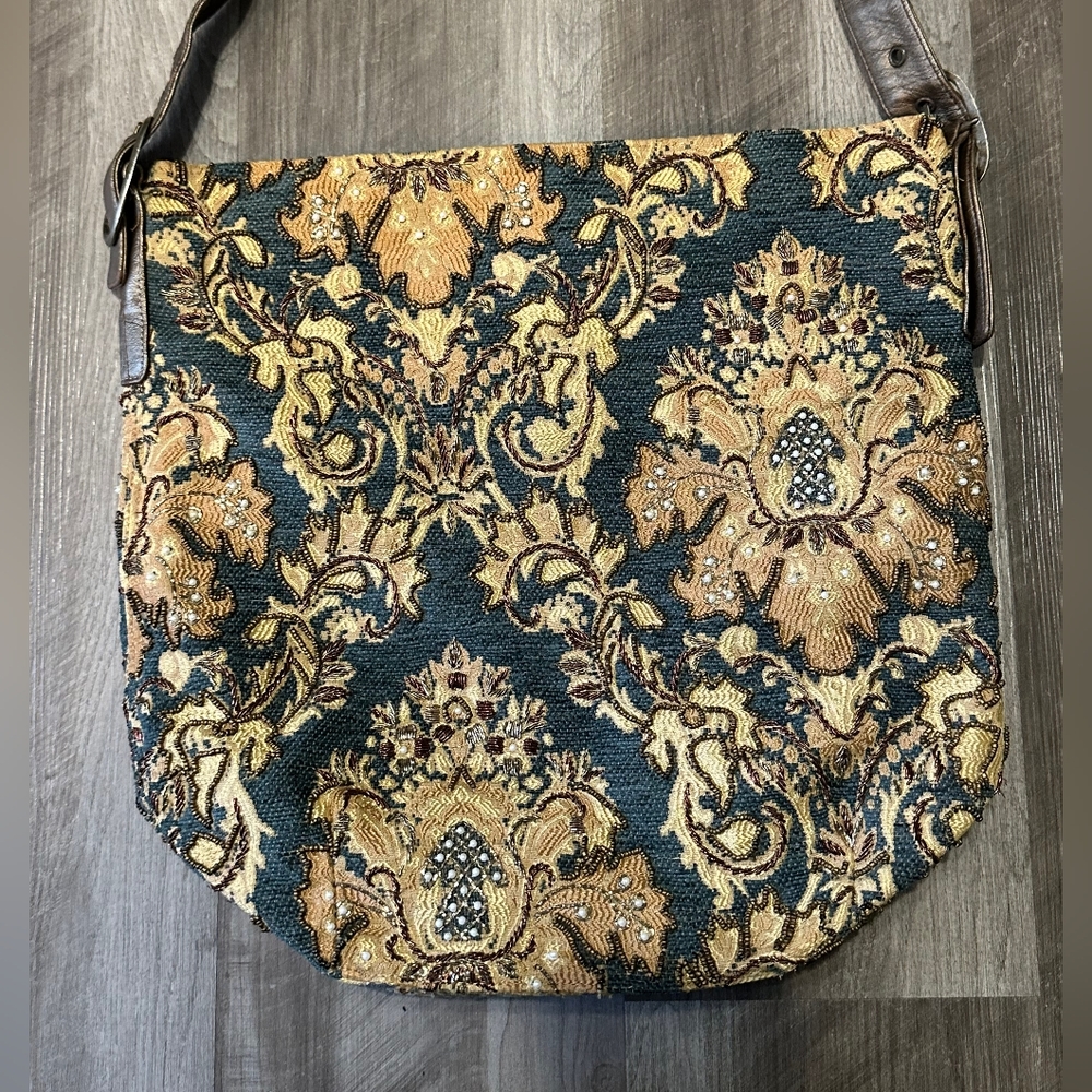 Christiana Vintage Elegant Tapestry Bag - Brown and Blue Medium Sized